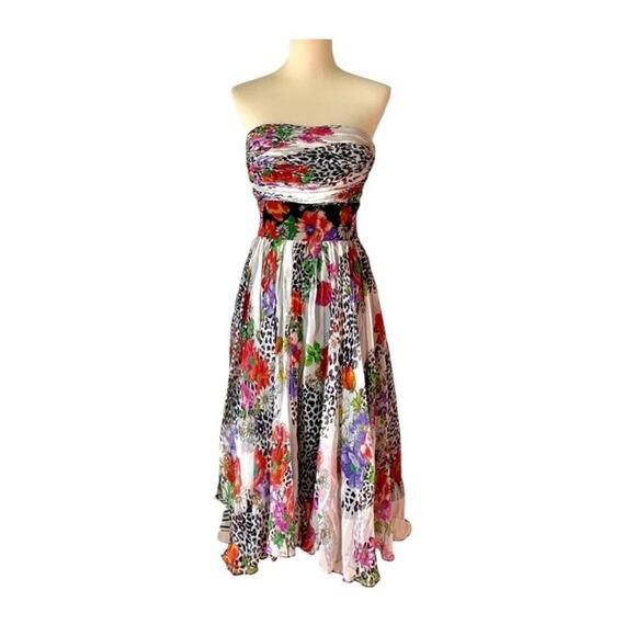 Vtg Ice 100% Silk Y2K Floral Animal Print Babydoll Strapless Dress Women Sz 10 - Picture 12 of 15